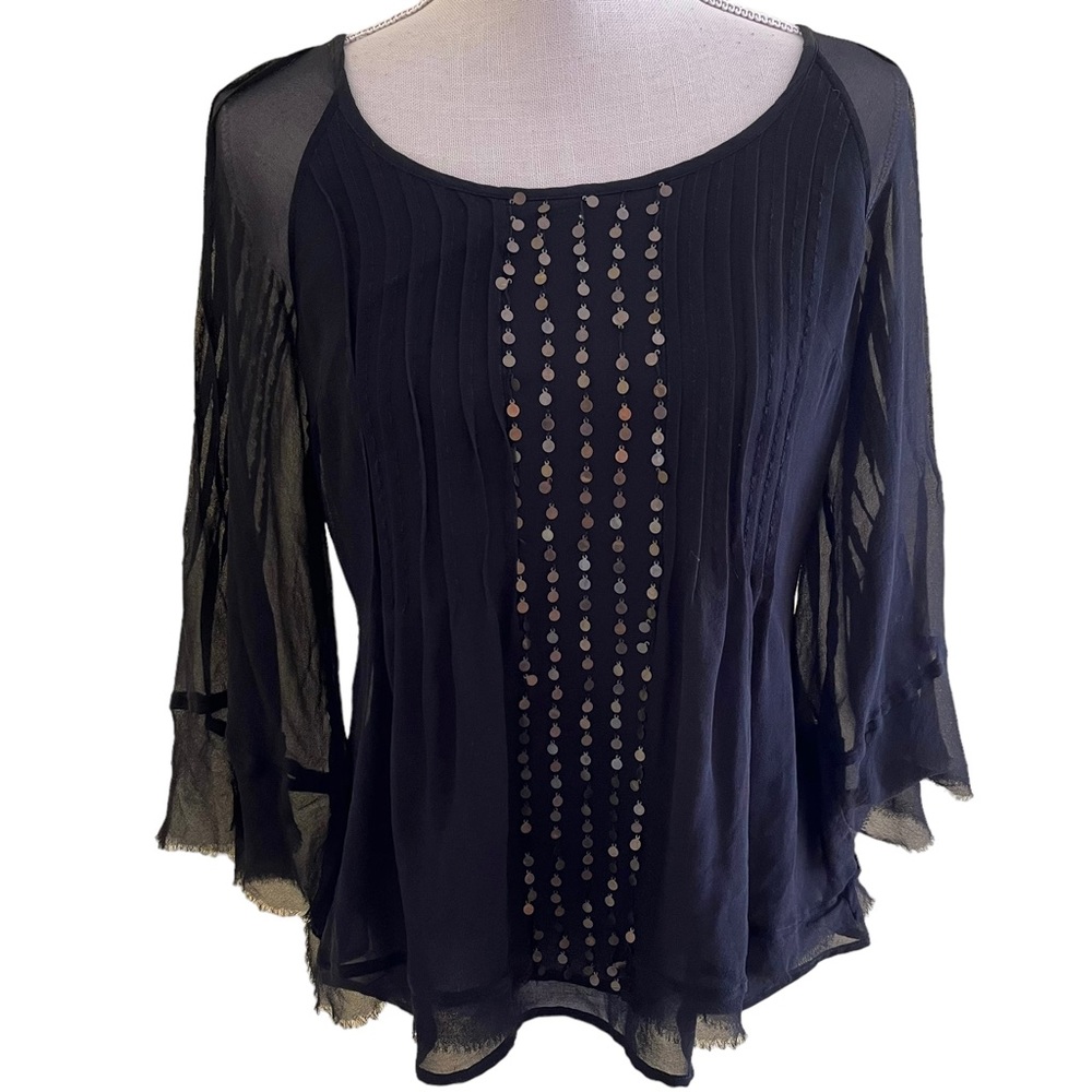 Plenty by Tracy Reese Black Silk Chiffon Bell Sleeve Blouse with Sequin Detail